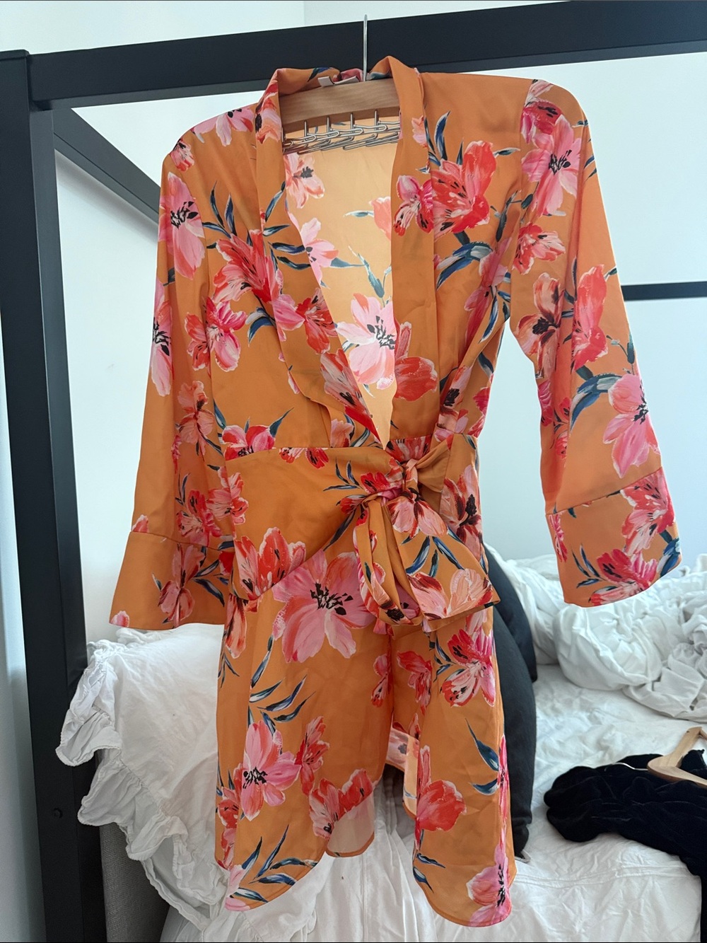 Floral Tie-Waist Mini Dress in apricot with Pink Bloom